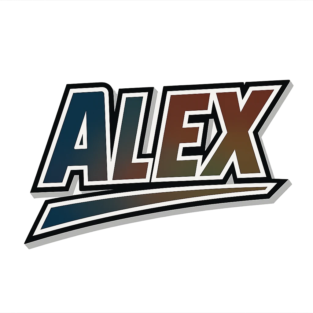 Alex name in masculine, modern gradient font with precise Hungarian characters, dark contour, extra wide and prominent white letter frame as in reference images, dynamic slanted underline, masculine color shades (blue, gray, burgundy, green, brown), 1000x1000 px, PNG, transparent background emoji
