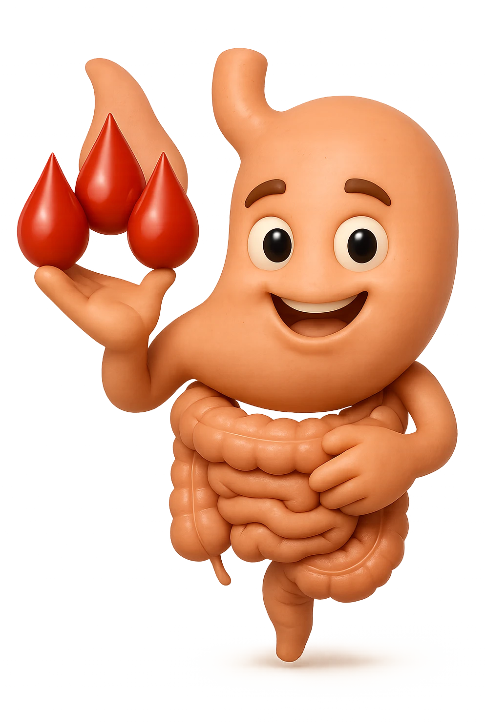emoji stile iphone 3d di stomaco e intestino collegati verticalmente con 3 gocce di sangue 3d in mano, iperrealistiche 4k emoji