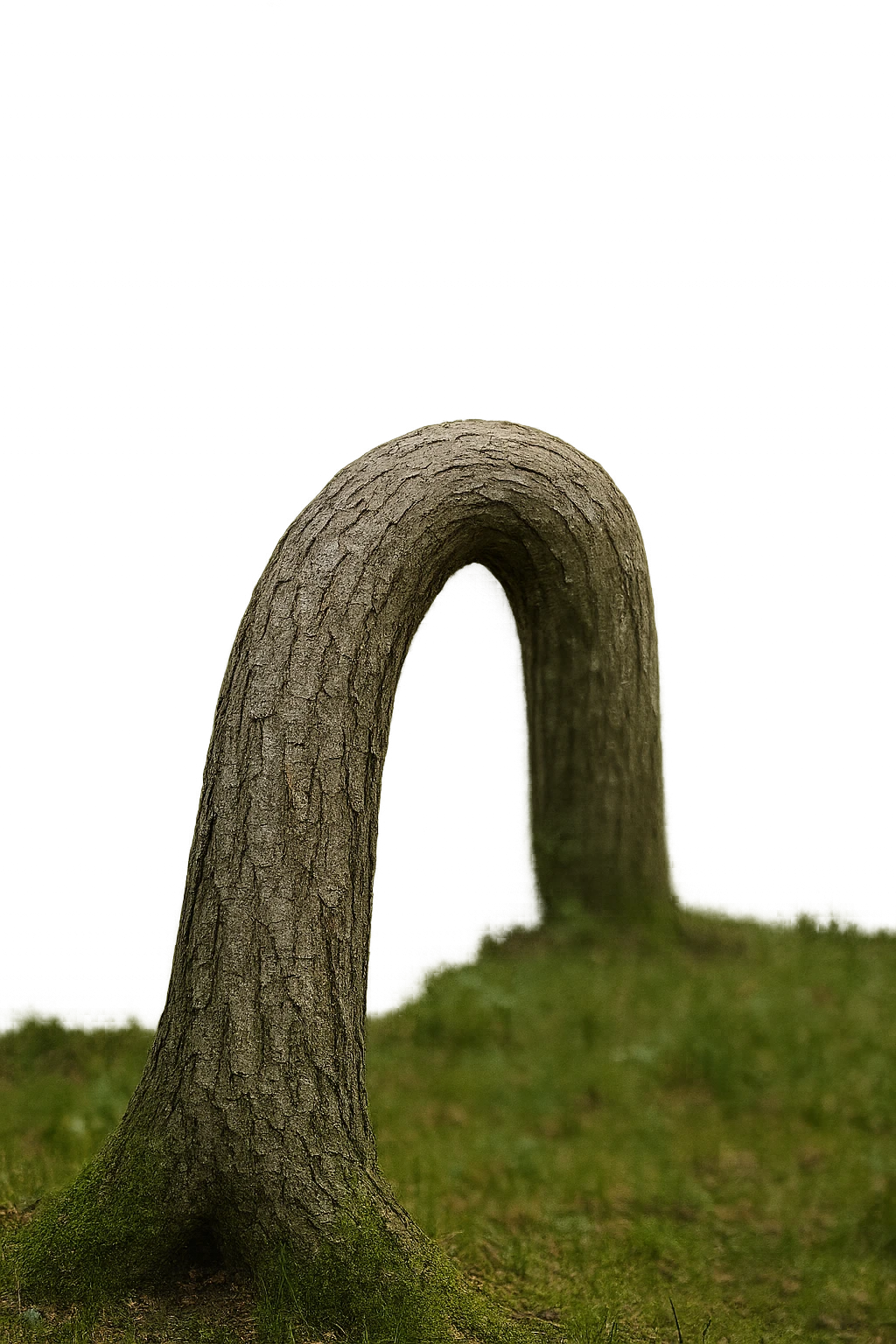 Realistic, vertical 4K illustration: a hyperrealistic tree trunk in a forest setting, noticeably bent, drooping, or wilted instead of standing upright. The bark is textured and detailed, with subtle cracks and faded colors suggesting loss of vitality. Soft, natural light filters through the surrounding trees, casting gentle shadows. The scene is quiet and contemplative, with the trunk’s unusual, slumped posture symbolizing a decline in male libido. The background is lush and detailed, but the focus remains on the central, softened trunk, evoking a sense of vulnerability and introspection. emoji