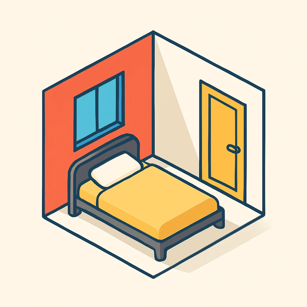 isometric apartment interior with just a bed, window, and door, modern minimal style emoji