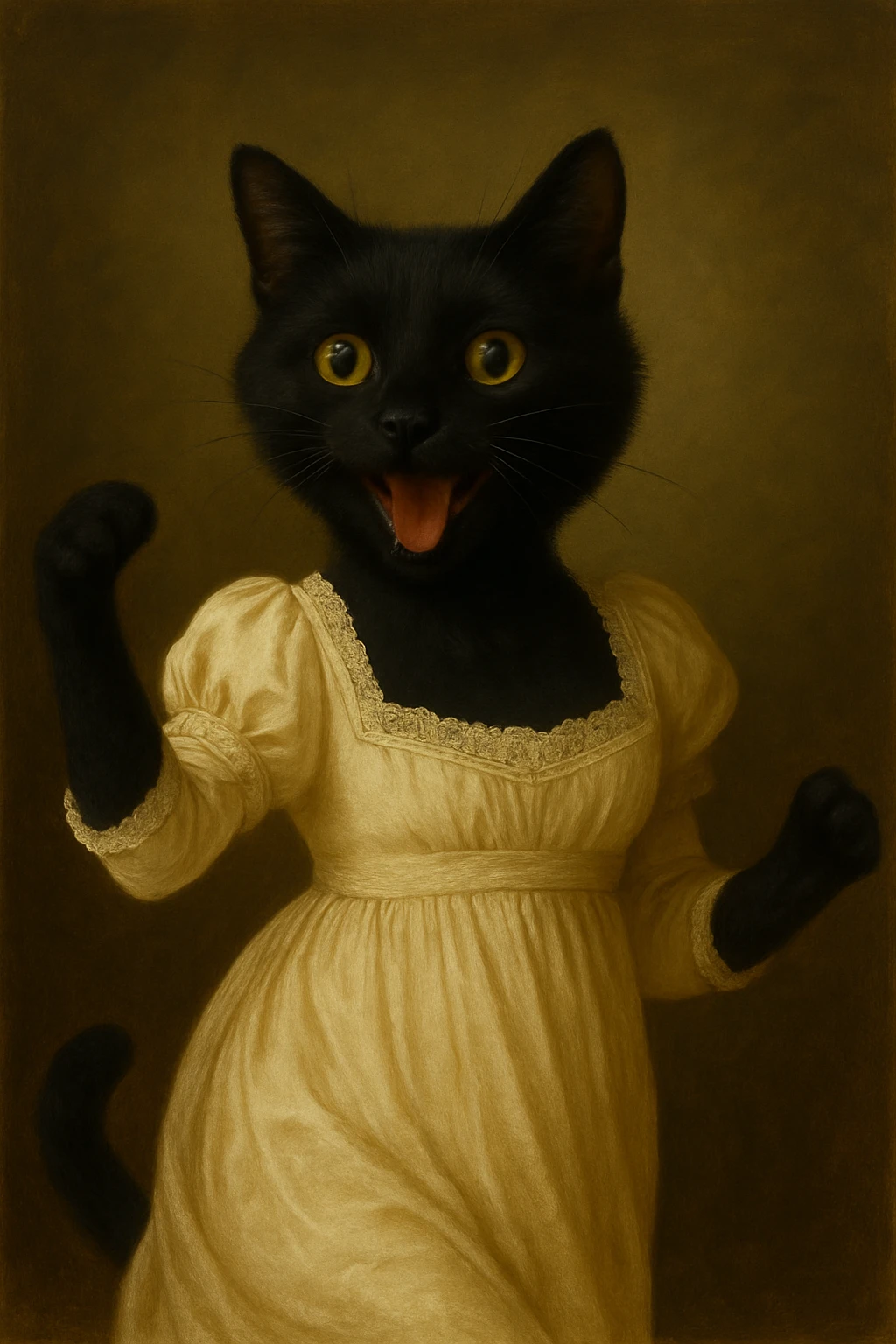 Make the black cat more playful with a lively pose and joyful expression, still wearing elegant Regency-era Pride and Prejudice attire. Focus on enhancing playfulness and liveliness while keeping the period-accurate clothing. emoji