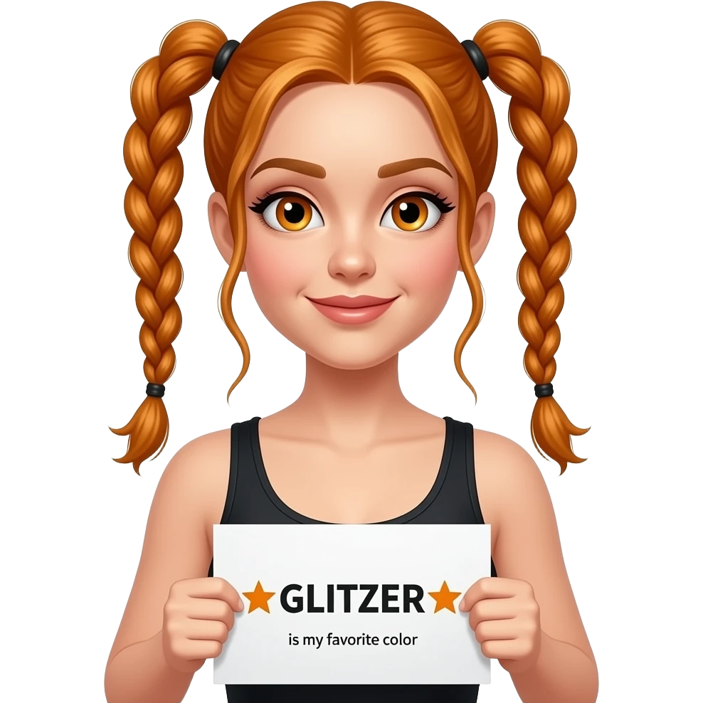 sexy girl with long ginger braids and ginger eyes wearing a black tanktop and is holding a white sign with ☆GLITZER☆ ist meine LIEBLINGSFARBE written on it emoji