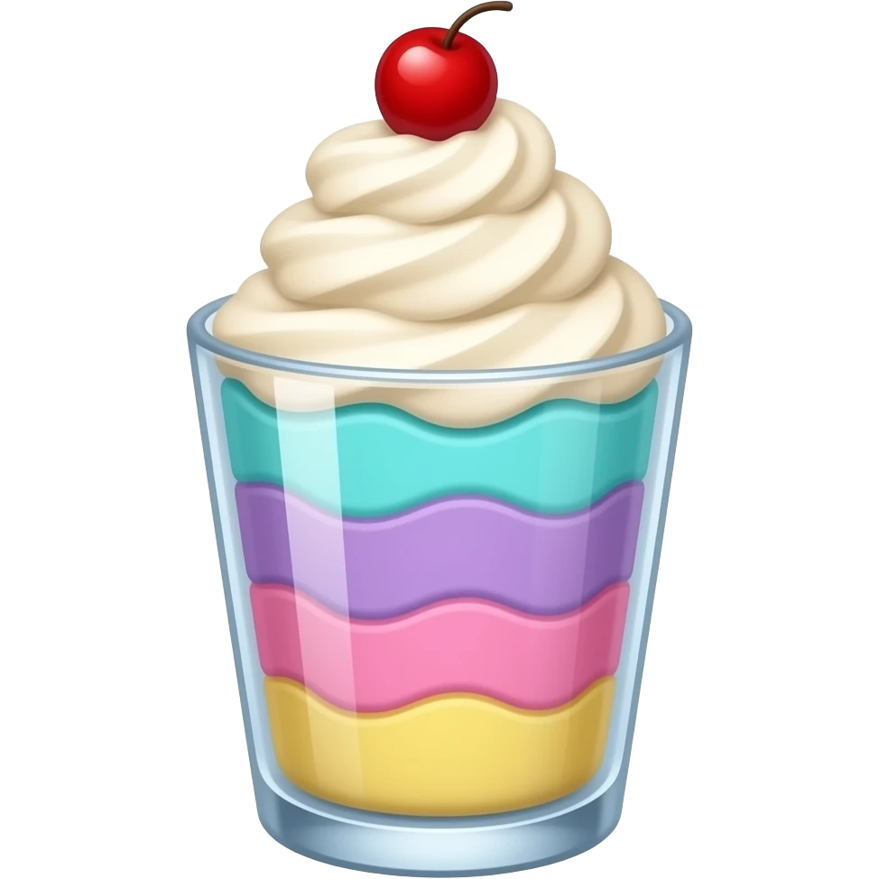 sundae dans un verre transparent, multicolore pastel, couleurs turquoise mauve rose jaune, étagé emoji