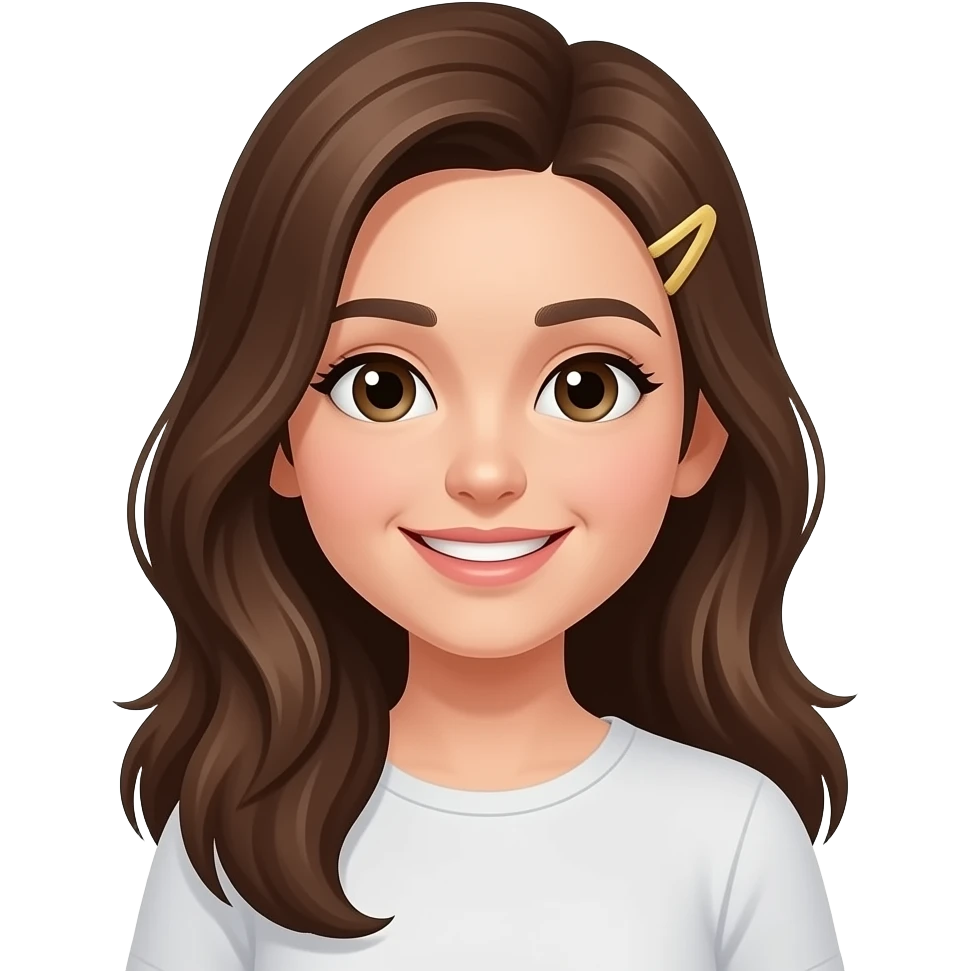 Chica de cabello castaño largo, con ralla al costado, sonriendo emoji