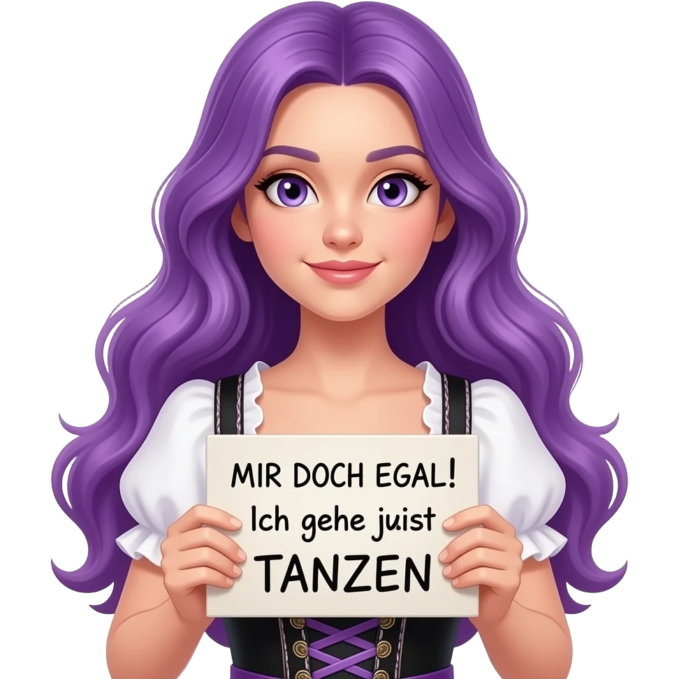sexy girl with long purple hair and purple eyes wearing a dirndl holding a MIR DOCH EGAL! Ich gehe jetzt TANZEN sign emoji