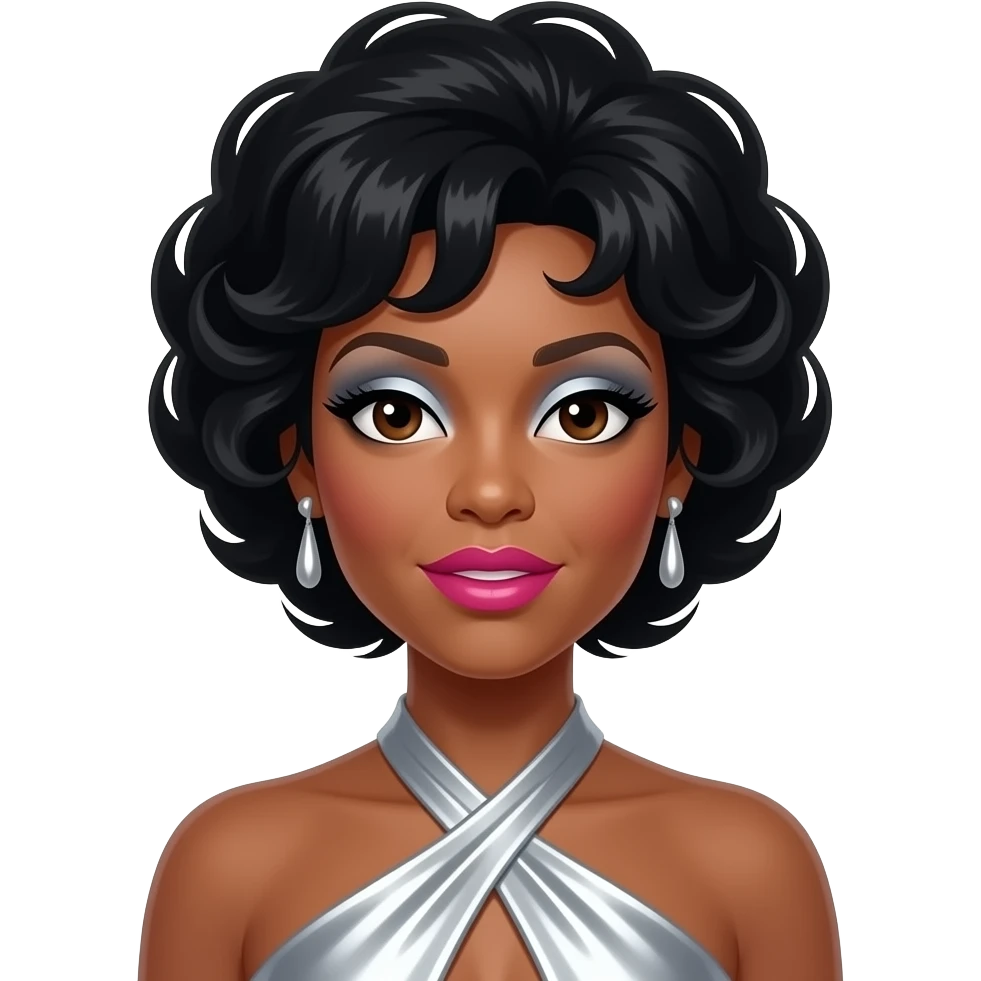 Diana Ross from The Supremes with dark brown eyes, black beehive hair, silver eyeshadow, hot pink lipstick, silver metallic halter dress, silver earrings emoji
