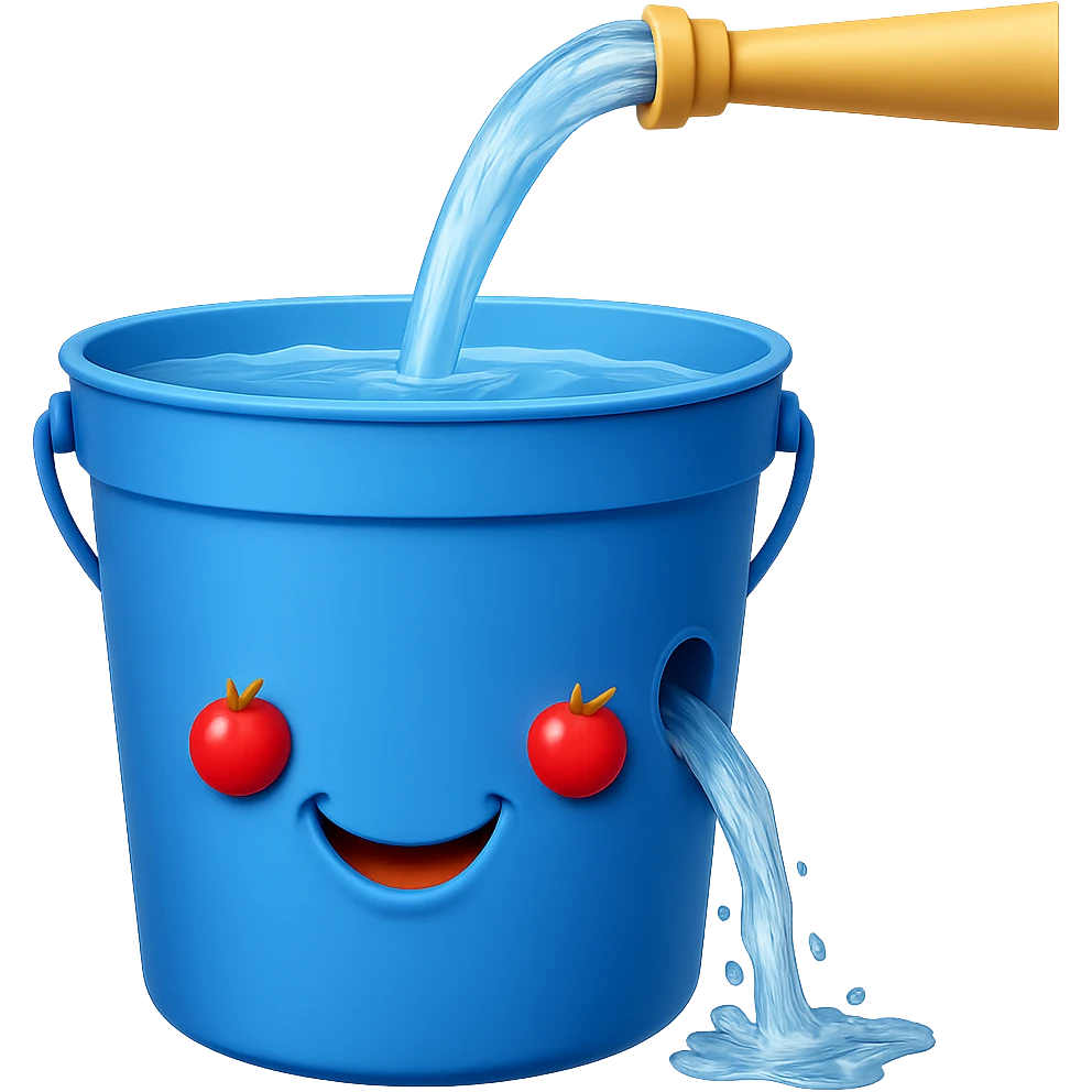 Remove the eyes from the bucket, add a hole in the side with water leaking out. Keep the style consistent with the original and maintain a transparent background. emoji