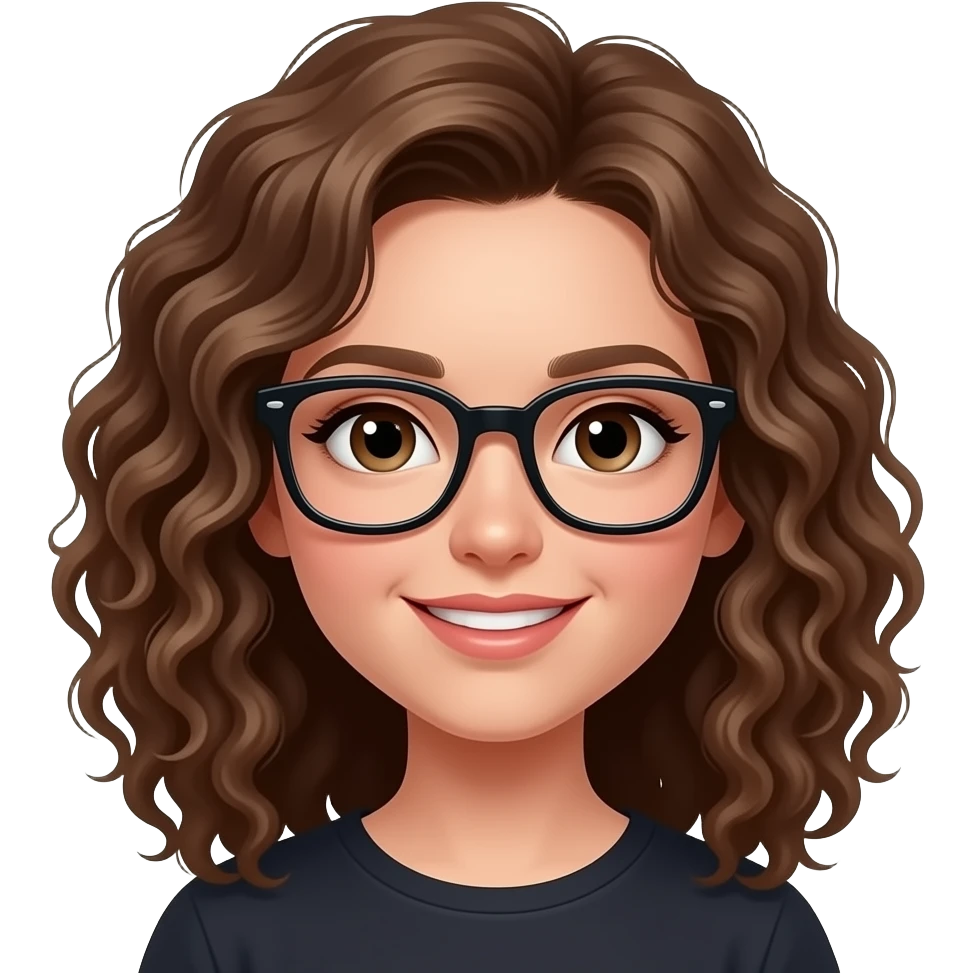a white girl with curly brown hair and wayferer glasses with black frame emoji