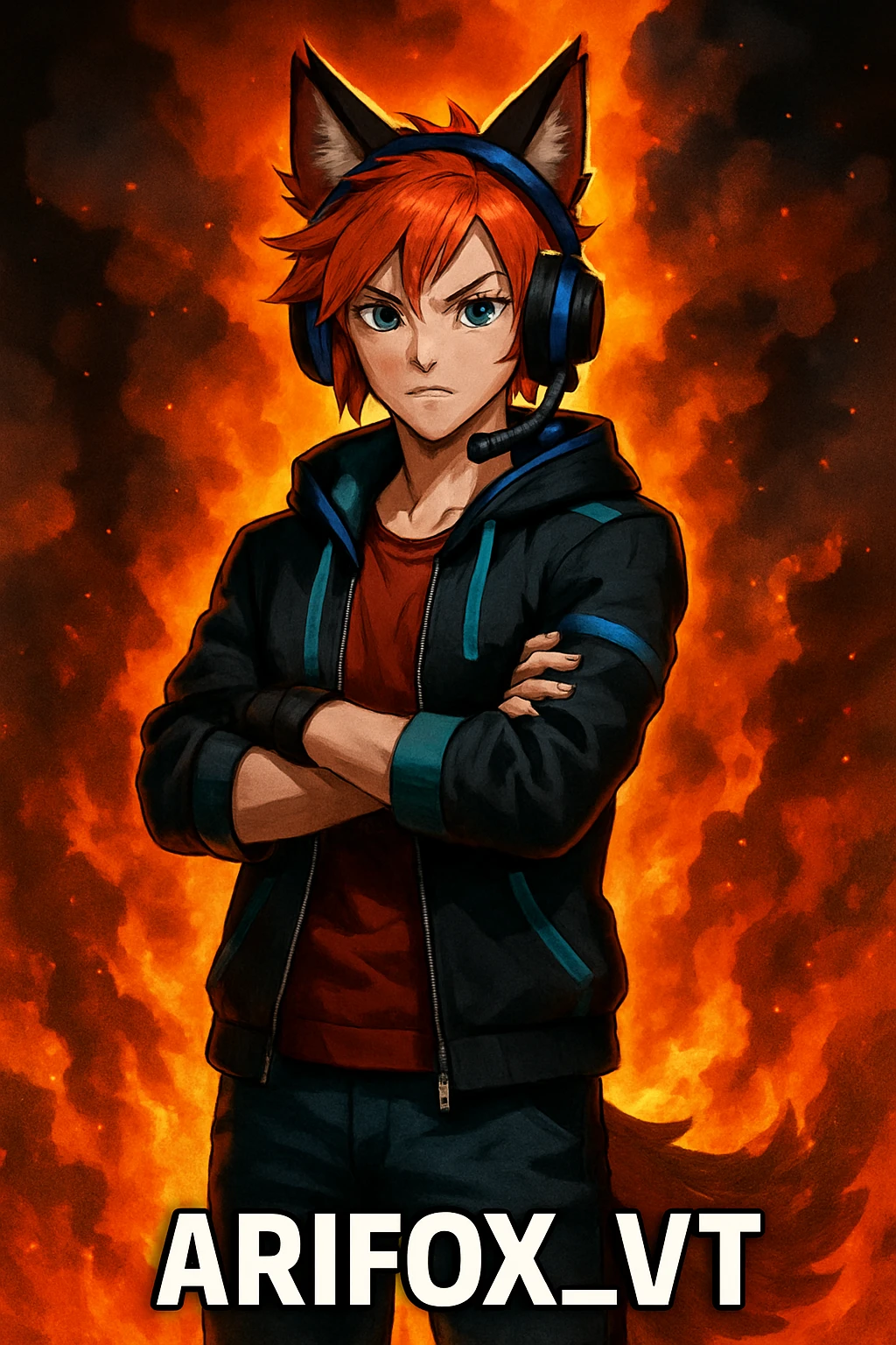 THE TWITCH AND YOUTUBE CHARACTER "ARIFOX_VT" STANDING IN FRONT OF SMOKE AND FIRE emoji