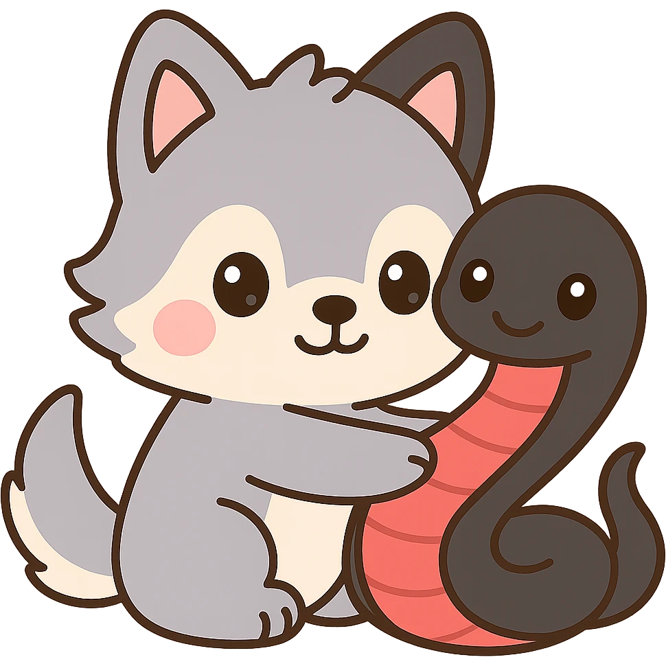 Make the snake larger, with a black body and red underbelly. The snake should be hugging the wolf back. Keep the kawaii style and ensure the background remains transparent. emoji
