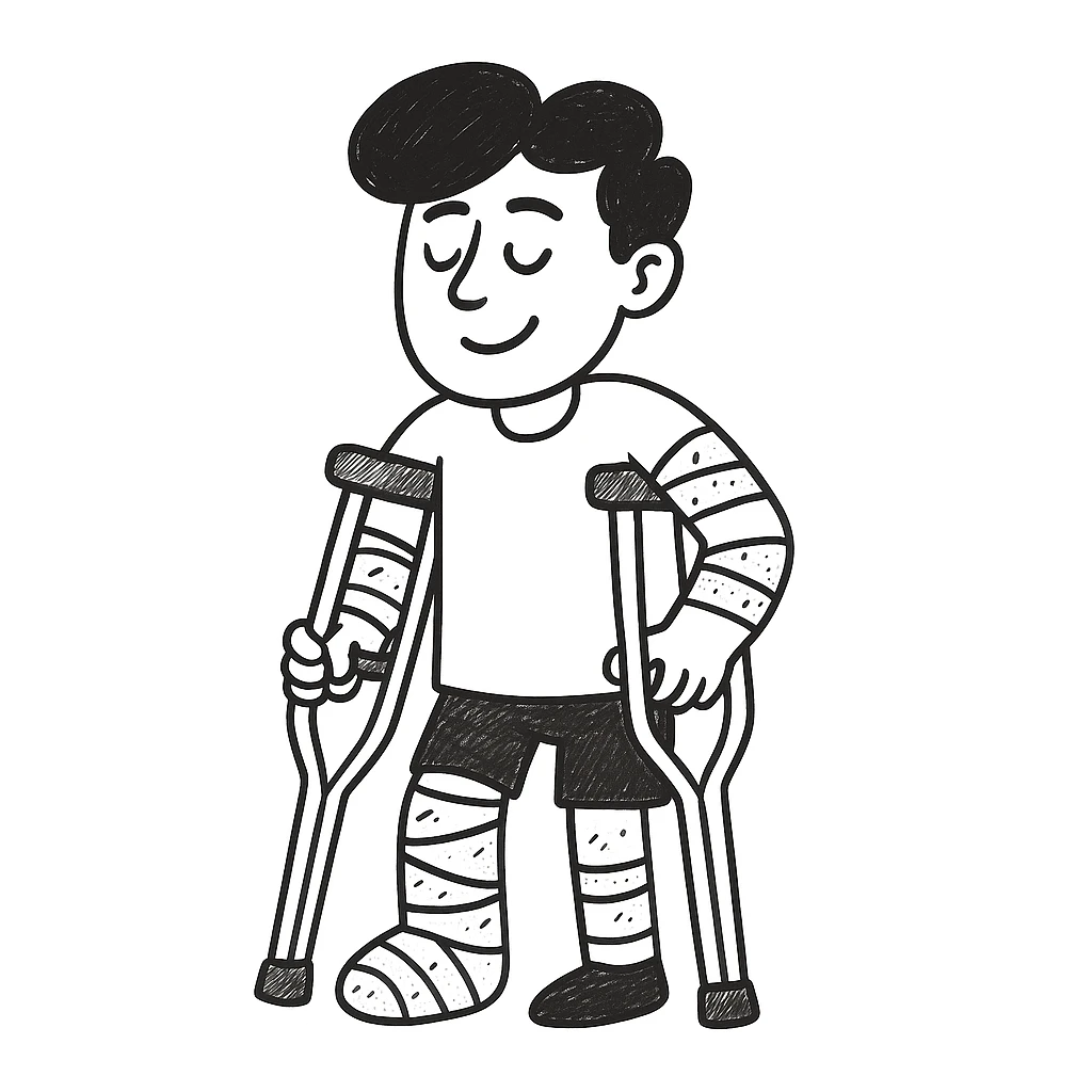 Add crutches and show more bandages on the injured man in the style of hand drawn doodles. Keep the doodle style. emoji