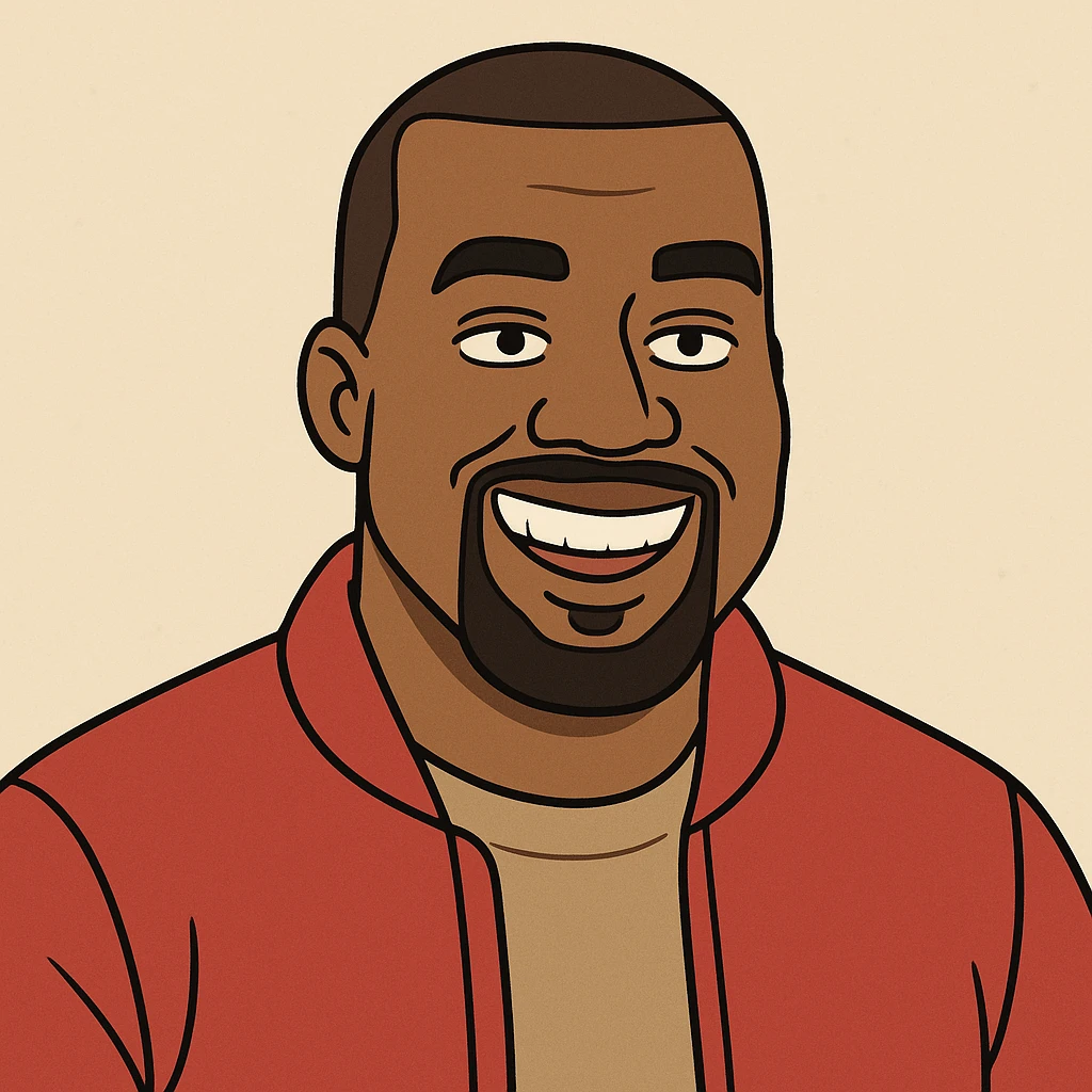 cartoon style portrait of Kanye West, wearing a red jacket, smiling emoji
