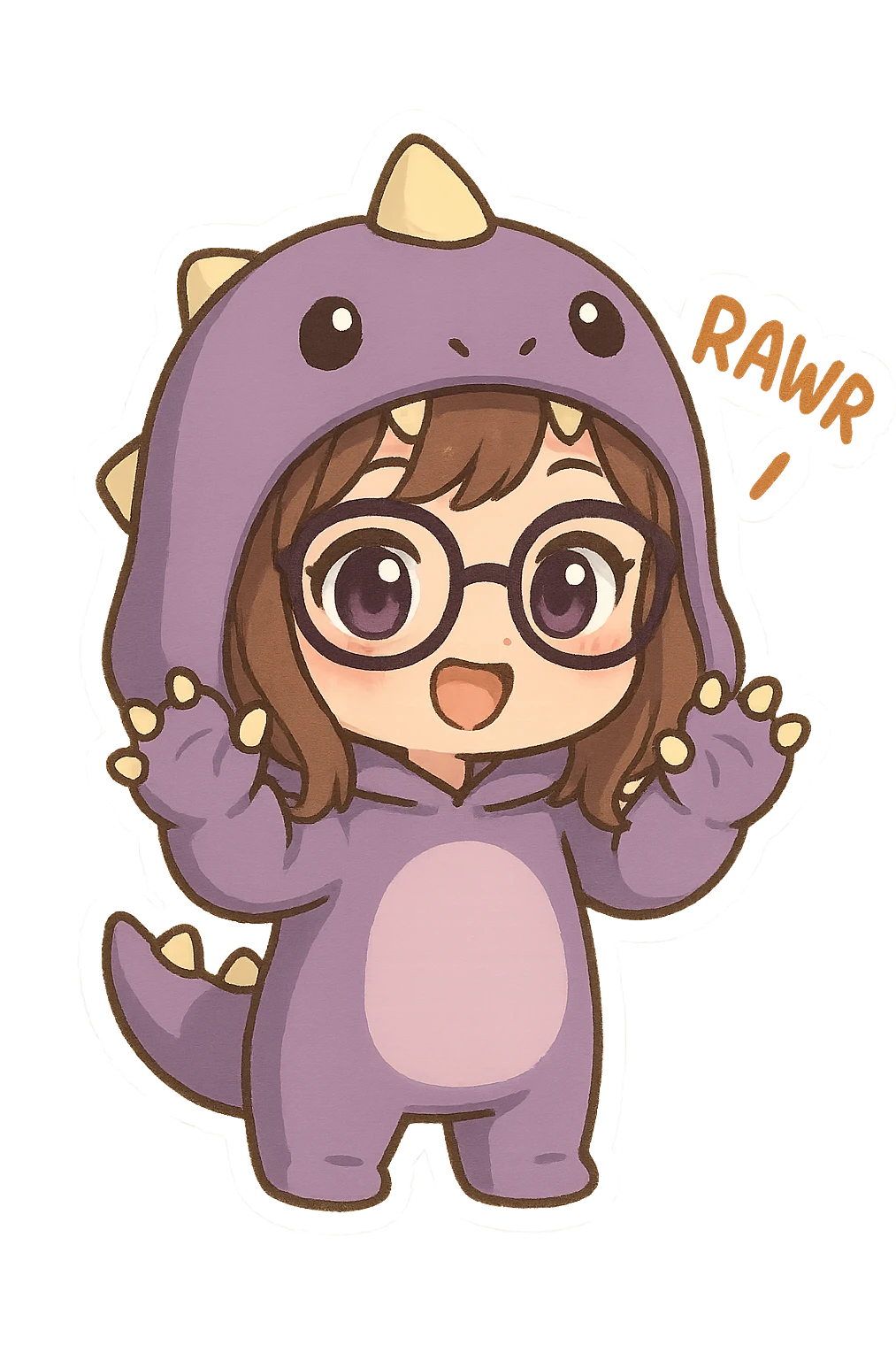 chibi anime style girl with glasses, brown hair, dark purple eyes, wearing a purple dinosaur costume, saying 'rawr' in a cute playful way, with paws up emoji