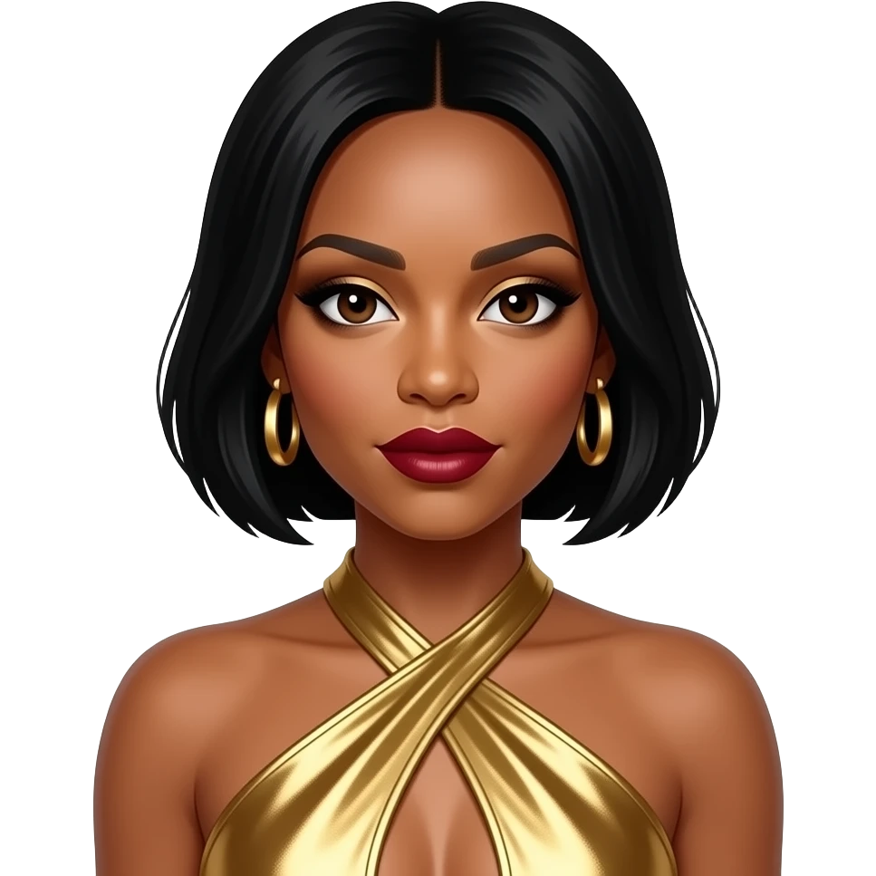Kelly Rowland from Destiny's Child with dark brown eyes, short black hair, gold eyeshadow, dark red lipstick, gold metallic halter dress, gold earrings emoji