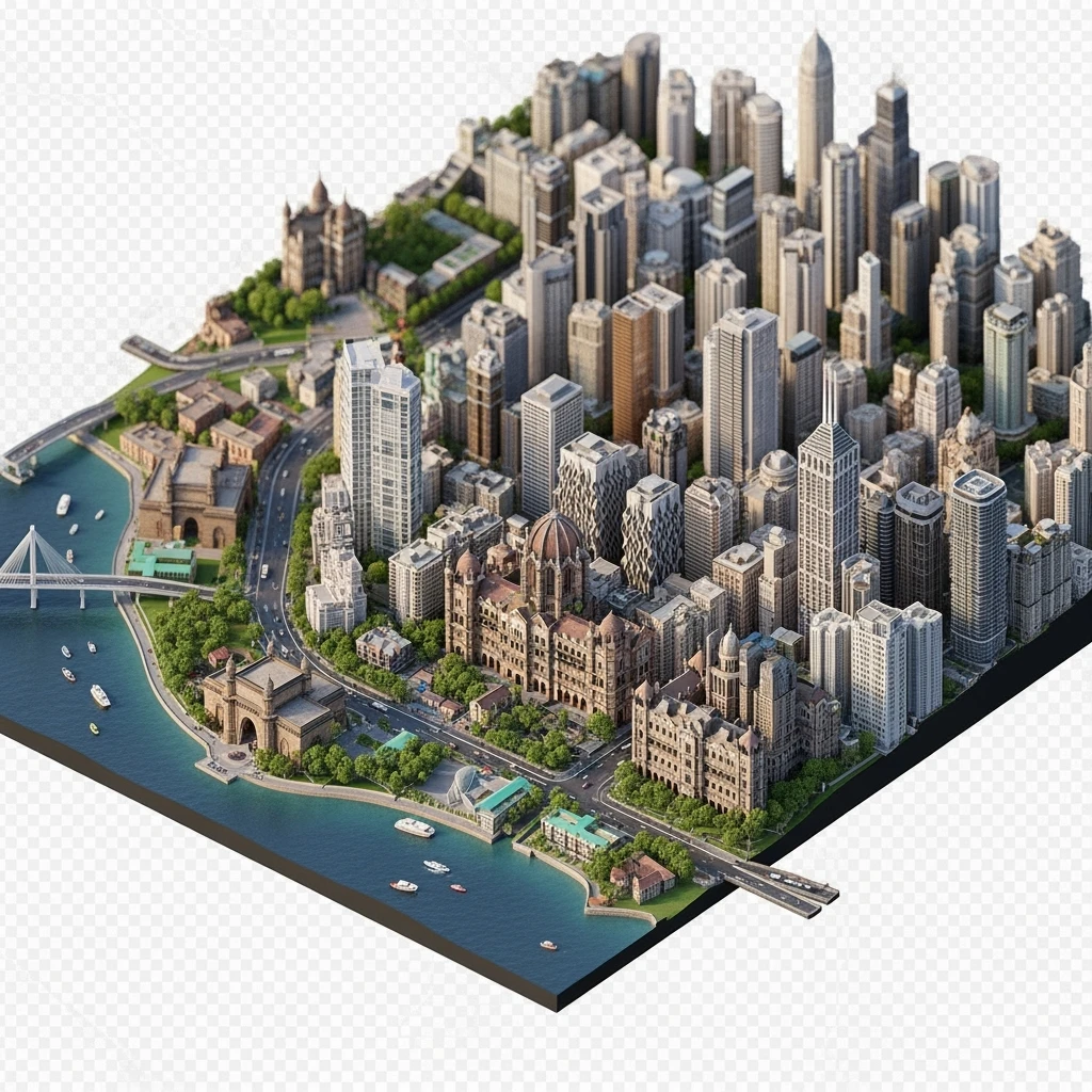 Isometric miniature of Mumbai city, featuring iconic landmarks like Gateway of India, Bandra-Worli Sea Link, Chhatrapati Shivaji Terminus,  clustered high-rises and skyscrapers, 3D miniature effect and Tilt Shift effect, no cartoonish look, transparent background.

 clustered high-rises emoji