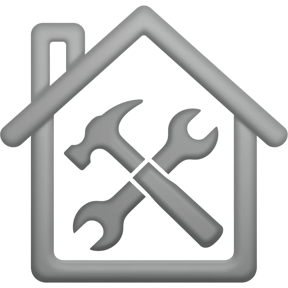 3d effect Minimal icon combining tools (hammer, wrench) inside a house shape, representing full scope construction and finishing. Simple, clean, flat, monochrome, modern UI style. emoji