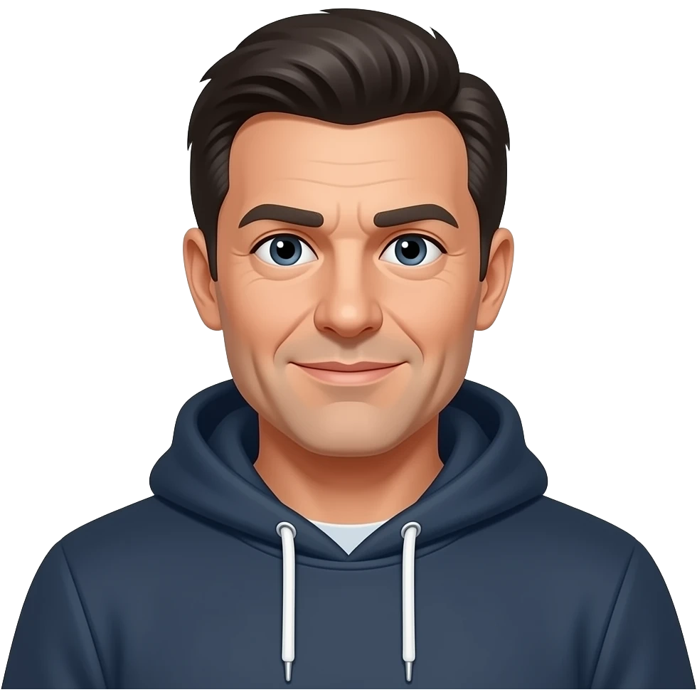 European-looking IT Businessman with dark hair, in hoodie , age ~50, dark eyes emoji