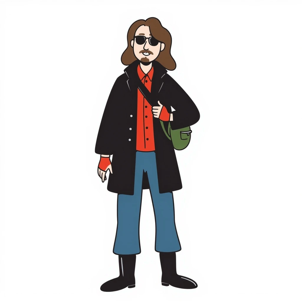Man with long brown hair, brown goatie, sunglasses, wearing red button up shirt with a sling horizontally across the torso, wearing a black trenchcoat, blue jeans, long black military boots, red fingerless gloves, green backpack emoji