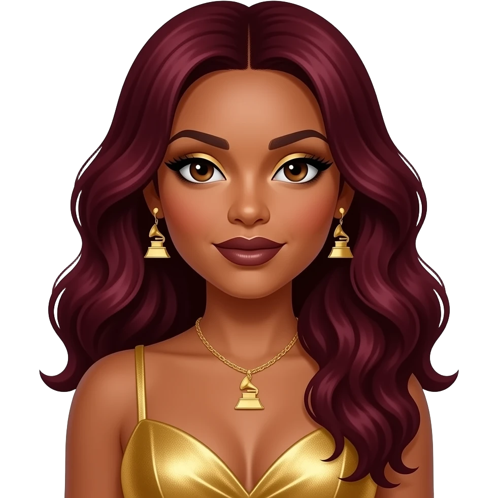 LaTavia Roberson from Destiny's Child with dark brown eyes, long dark red wavy hair, gold eyeshadow, dark brown lipstick, grammy gold dress, necklace and earrings emoji