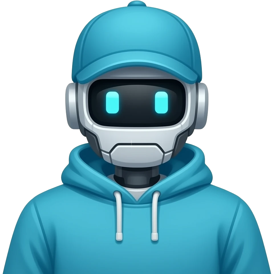 robot in cyan hoodie and cap pixelated emoji