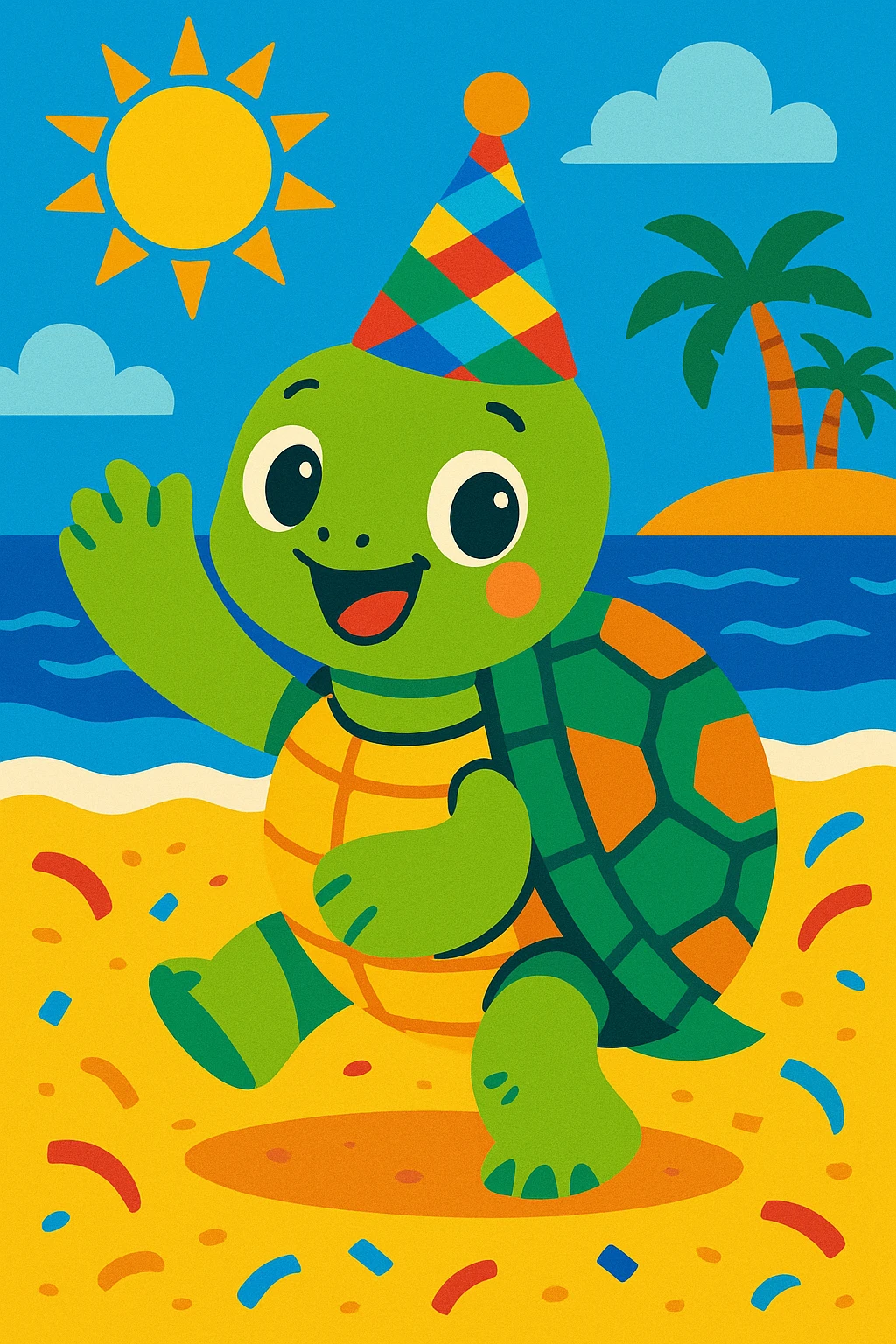 playful turtle on the beach with a festive party hat, bright and cheerful, colorful emoji