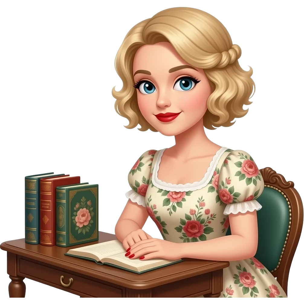 short blonde curly hair side swept bob a few antique books with Victorian floral dress, hair pinned up with red lipstick, red finger nail on an antique desk emoji