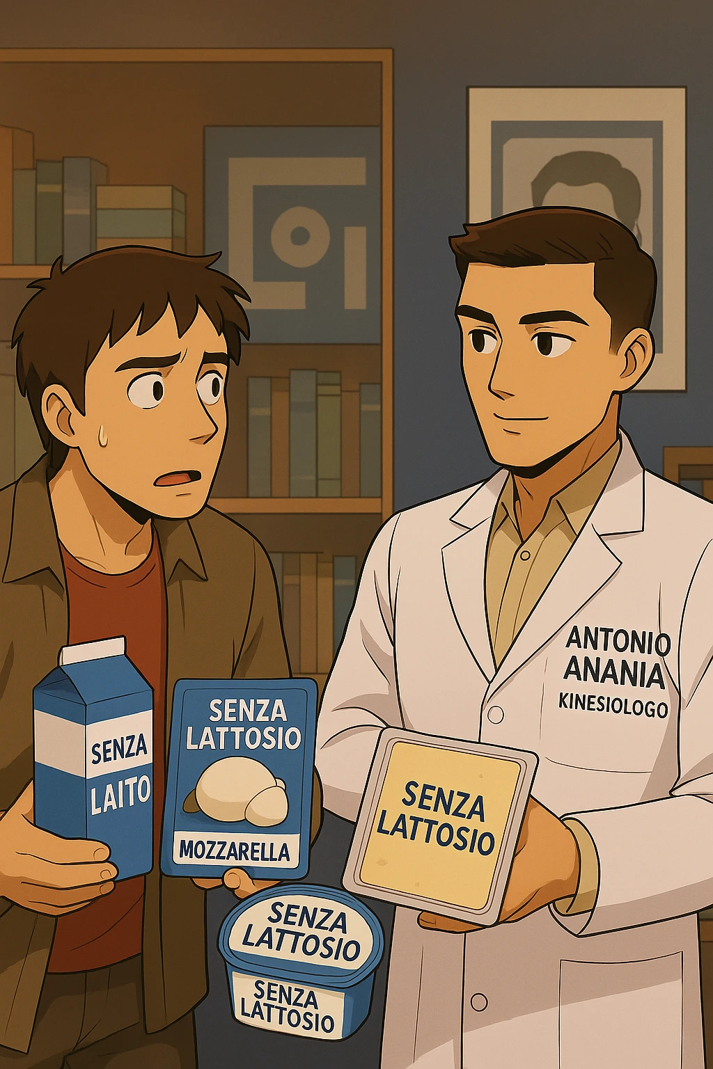 fai un webtoon manga a colori con questo stile, in cui un uomo ASCOLTA Il kinesiologo con il camice bianco (fagli anche la scritta "ANTONIO ANANIA" SUL CAMICE, IL KINESIOLOGO SPIEGA ALL'UOMO UNA MOSTRANDO VARI PRODOTTI DA SUPERMERCATO CONFEZIONATI (TIPO SCATOLA DI LATTE, MOZZARELLE CONFEZIONATE, FORMAGGIO CONFEZIONATO), OGNI CONFEZIONE HA LA SCRITTA "SENZA LATTOSIO SULL'ETICHETTA. L'UOMO OSSERVA IL KINESIOLOGO CON ESPRESSIONE CONFUSA IN VOLTO. non fare i fumetti però, fai solo in modo che sembri stiano parlando emoji
