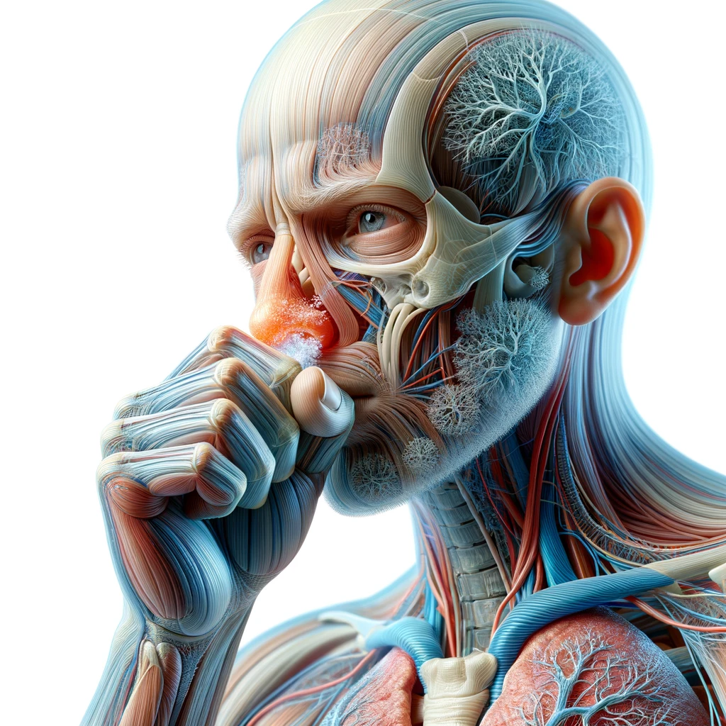corpo umano anatomico che si soffia il naso perché ha il raffreddore, iperrealistico 4k, isolato su sfondo bianco emoji