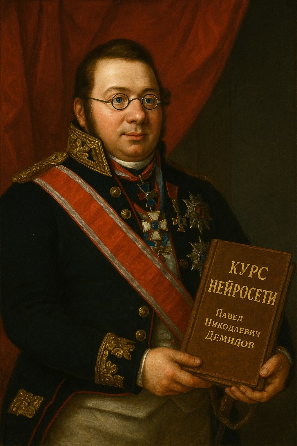Павел Николаевич Демидов держит в руках книгу на которой написано Курс Нейросети рисованный стиль emoji