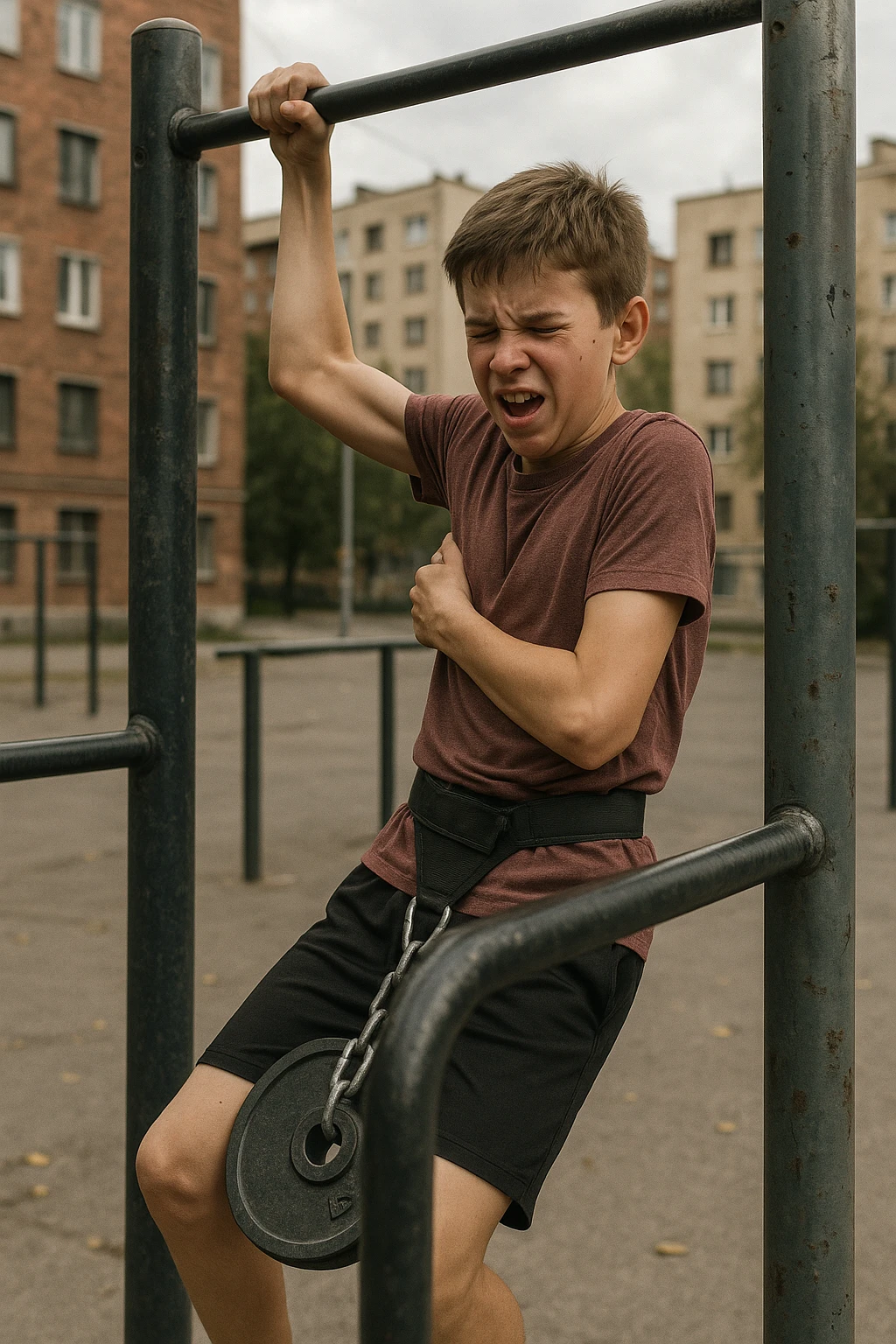 Giovane atleta neofita, fisico normale e non ancora sviluppato, si allena per la prima volta in uno spazio urbano per streetlifting: sbarra per trazioni, parallele, e pesi appesi alla cintura. Ma si è infortunato perchè non faceva le cose con la giusta tecnica. emoji