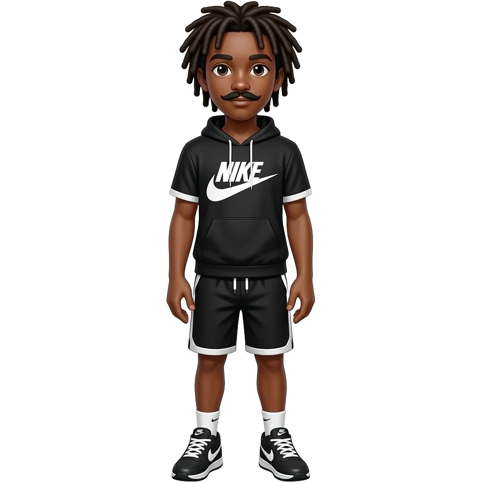 A tall black teenager boy with dreads and mustache whole body with black and white Nike cloths and Nike shoes emoji