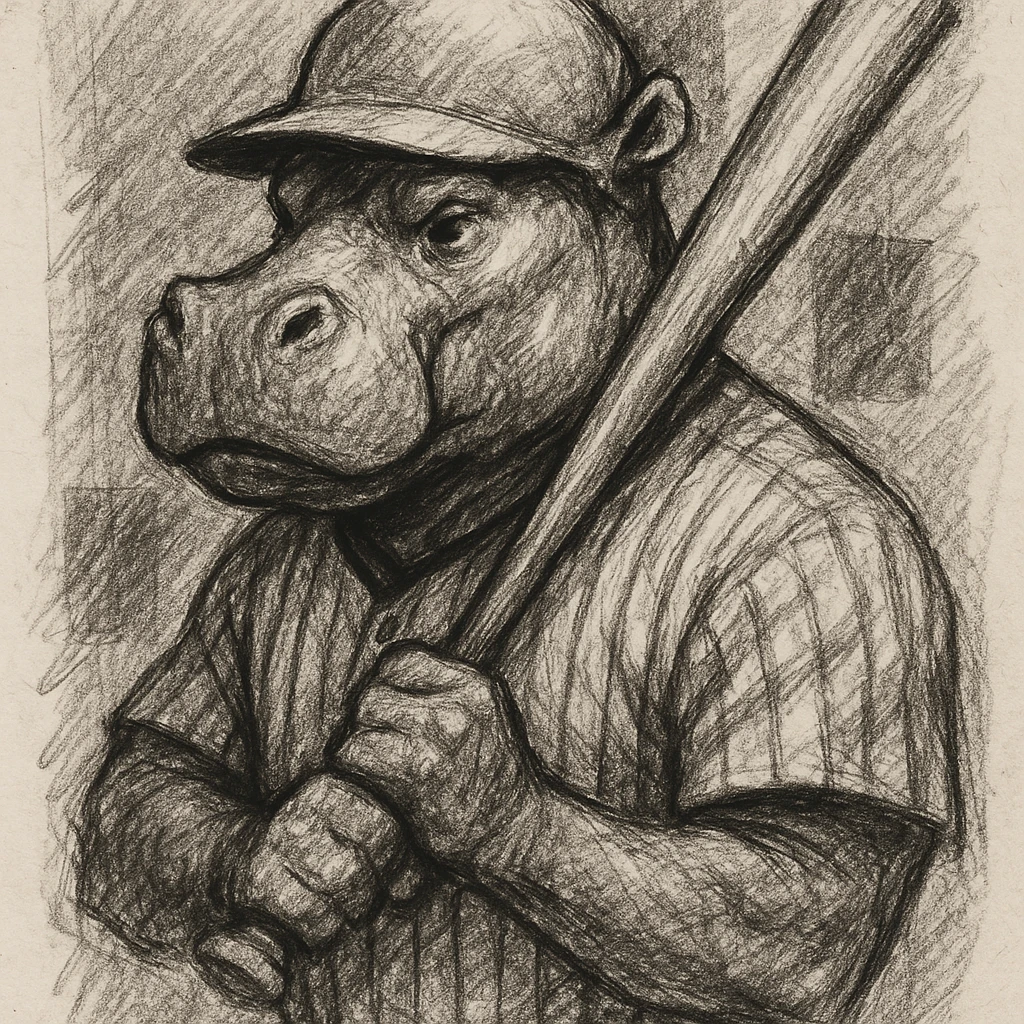 hippo holding a baseball bat, wearing a yellow helmet, pinstripes outfit emoji