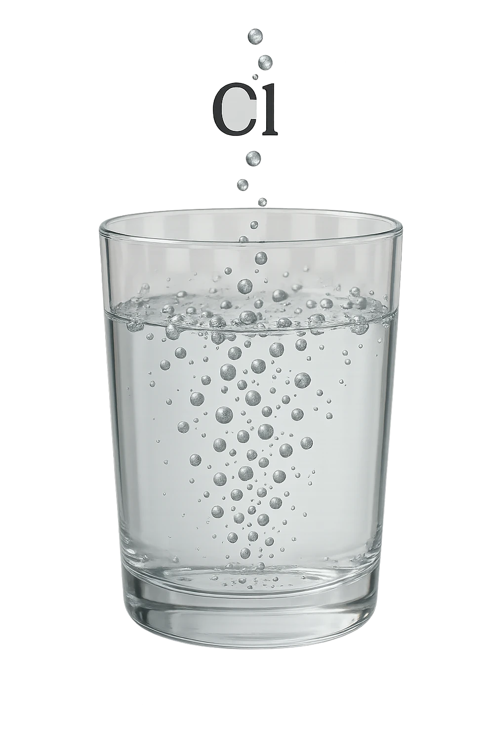 un bicchiere di acqua realistico e dettagliato fluttua in aria, dentro l'acqua del bicchiere ci sono particelle di cloro ben visibili con la scritta "Cl" sopra, ci sono particelle anche che escono dal bicchiere e fluttuano in aria verticalmente, mentre alcune sono all'interno dell'acqua nel bicchiere, iperrealistico 4k emoji