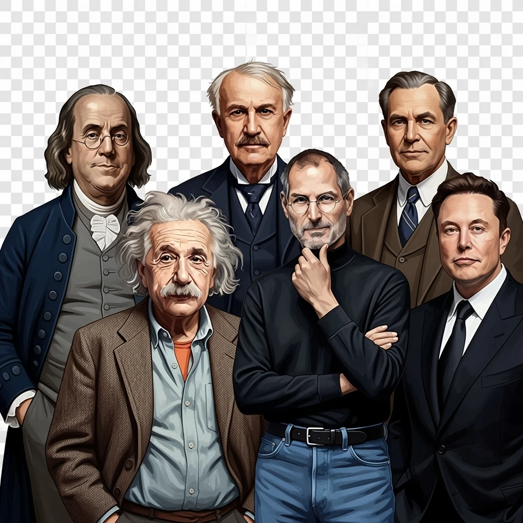 Generate in realistic style Franklin, Edison, Ford in the first row, Einstein, Jobs and Musk in the second behind them. png on transparent background emoji