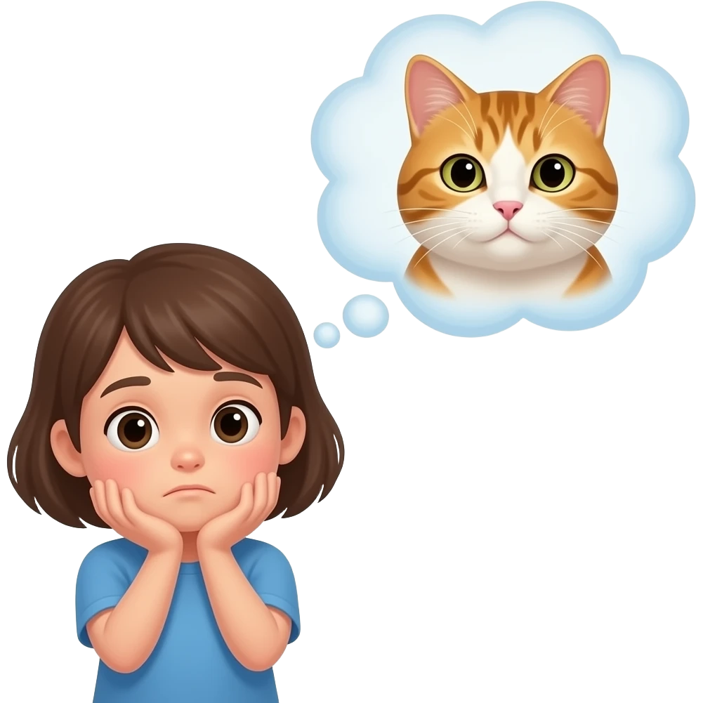 a shrugging kid with a thought bubble, thinking about a cat emoji
