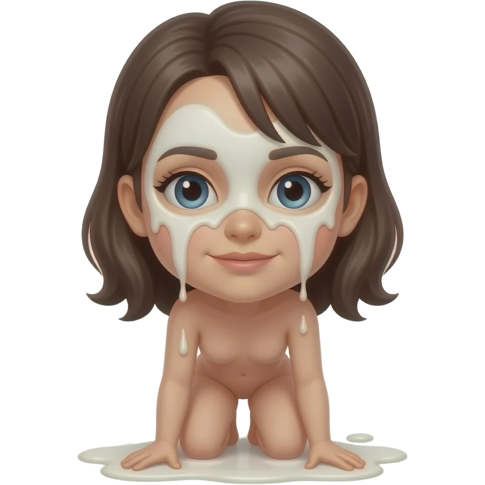 Naked girl, on her knees, face covered in milk emoji