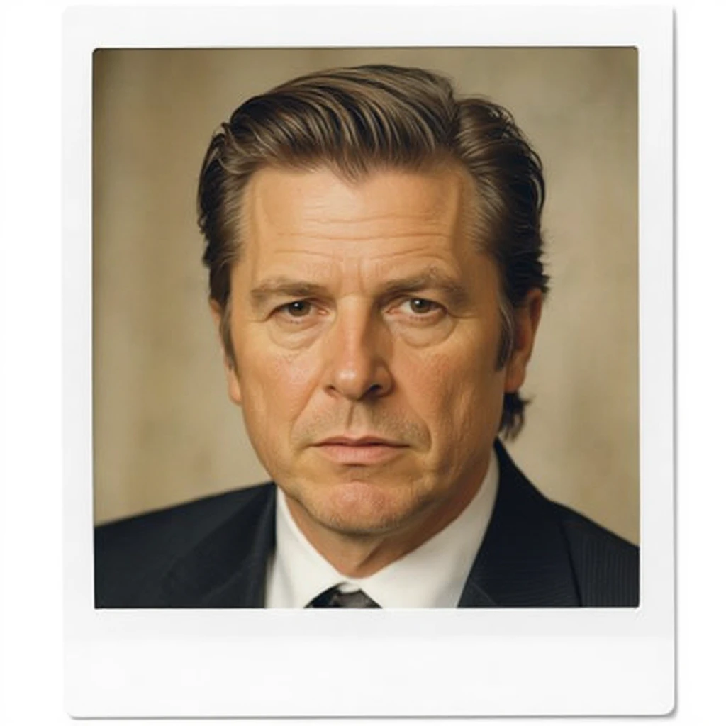 Polaroid style portrait illustration of Christian Bale with slicked-back hair and a serious expression, warm tones, classic instant photo border, based on the reference photo. emoji