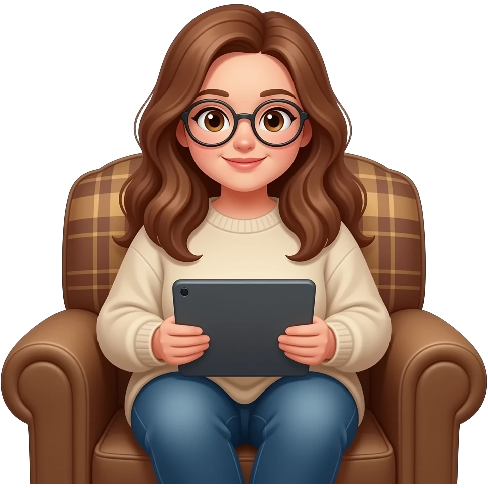 detailed emoji illustration of a curvy woman with long light chestnut brown wavy hair, light brown eyes and round glasses sitting in a brown armchair with a planket scottish pattern in the back while reading on an e-reader tablet, cozy reading atmosphere, cute emoji style emoji