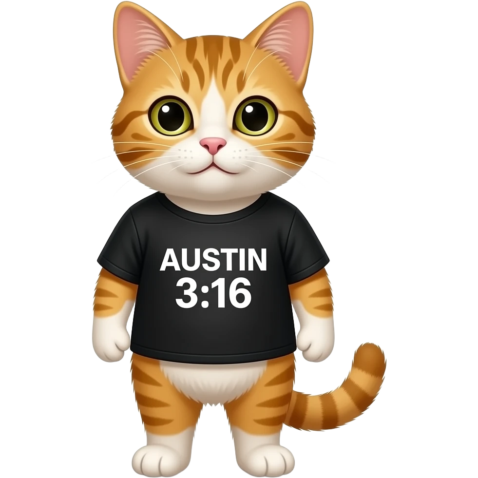 a cat wearing a black shirt that says "austin 3:16" emoji