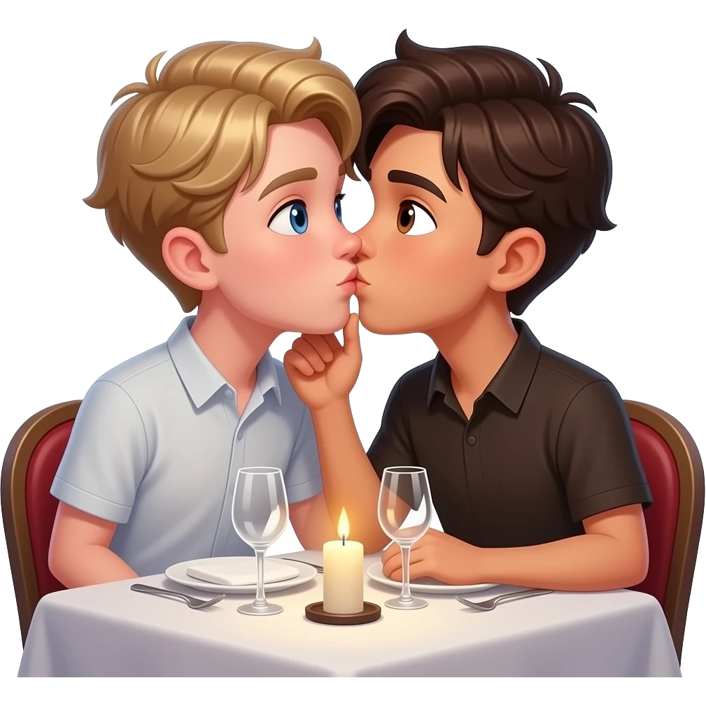 Make a young gay male teen couple kissing on a Date , one has light Skin with Blond Hair and Blue Eyes, the other one has slightly brown skin witz dark Brown Hair and Brown Eyes. They are on a date having dinner. They are kissing. emoji