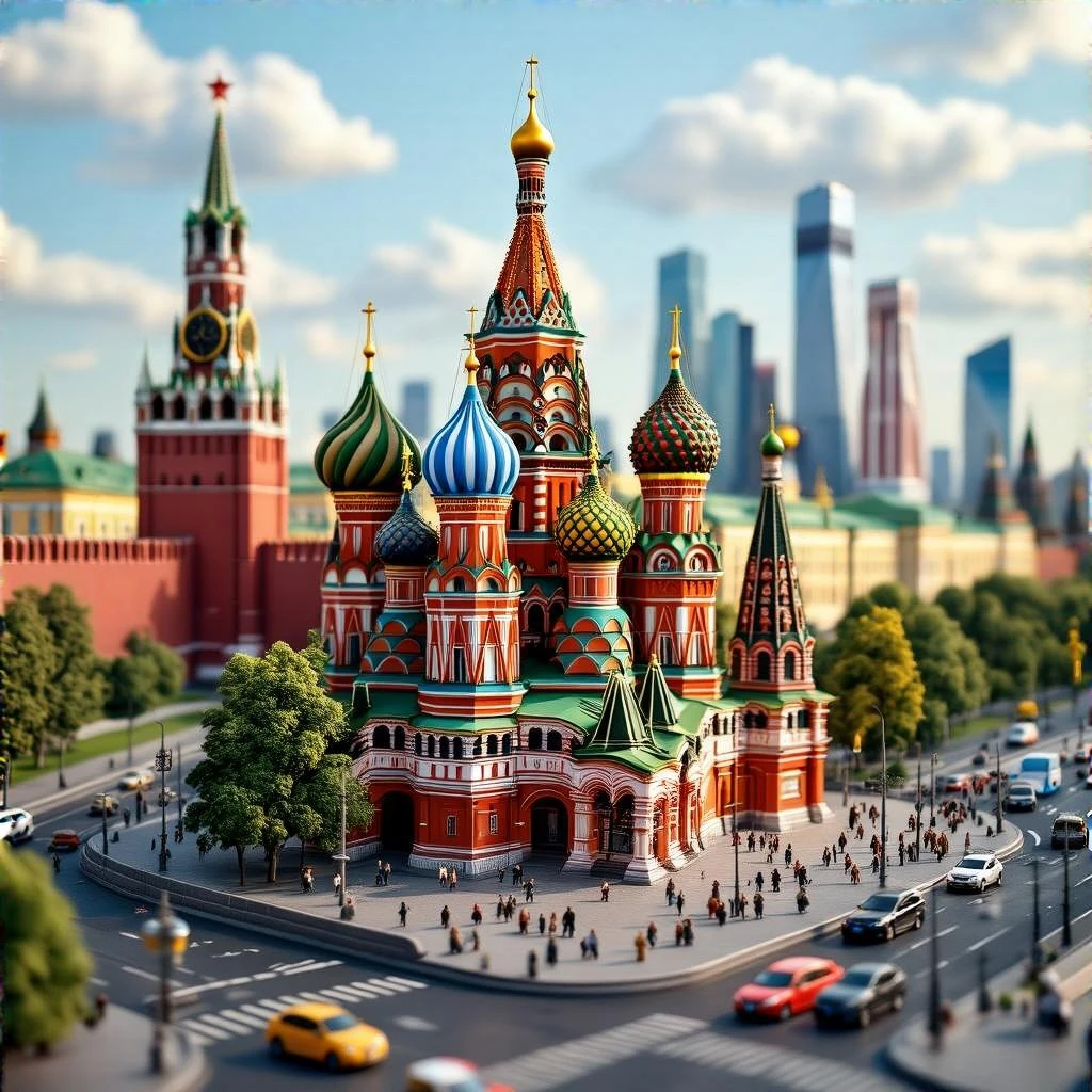 Изометричная миниатюрная фотореалистичная 3D модель Москвы на подставке - Кремль, собор Василия Блаженного, Башни Москва-Сити, четкая детализация, яркие цвета, мультяшный реализм, люди, автотранспорт и метро, компактная композиция, вид сверху в изометрии, прозрачный фон emoji