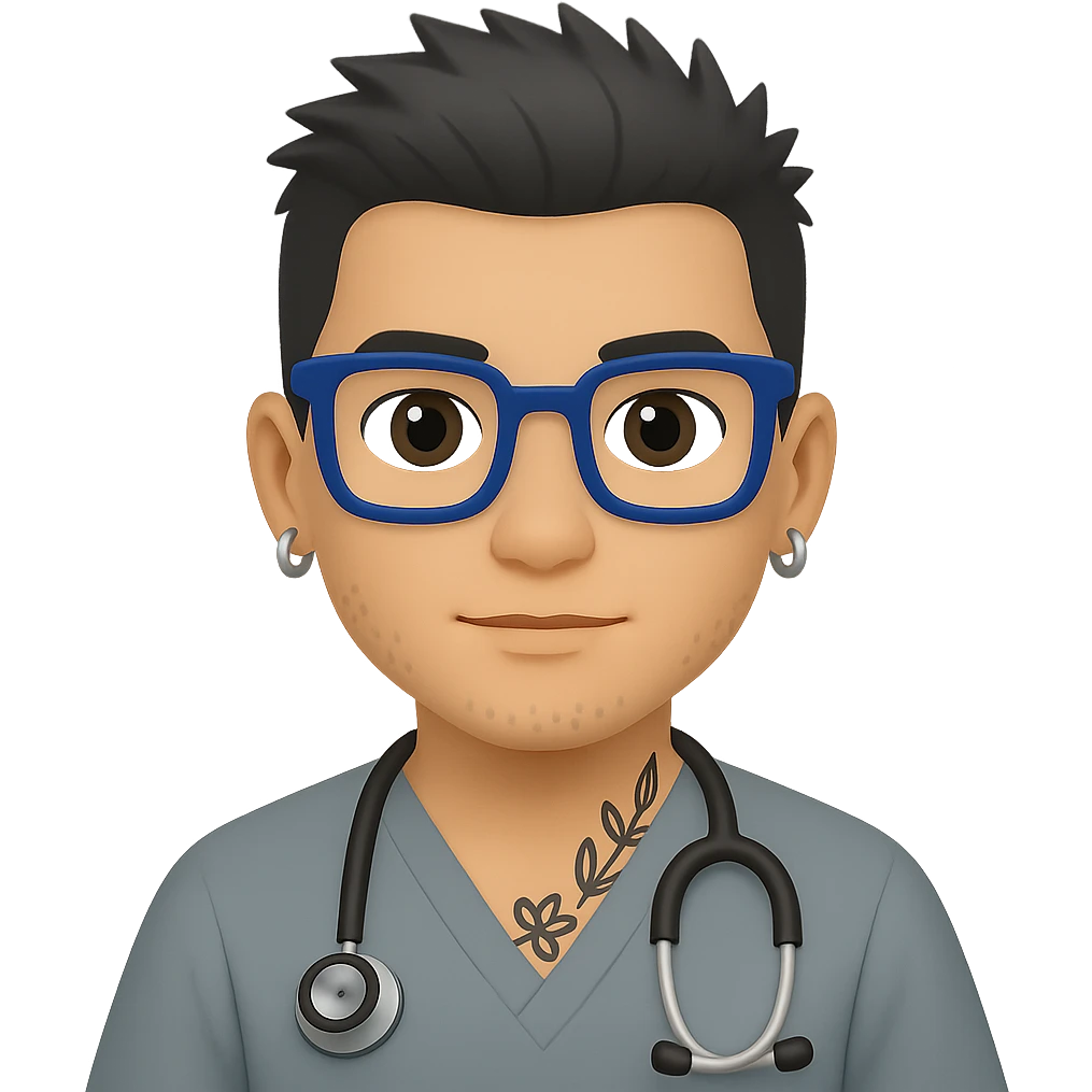 Dr. Efrén Rivera Santiago, a doctor with short spiked hair, gray scrubs, tattoos, and hook earrings, exudes professionalism and warmth. emoji style, with blue square glasses emoji