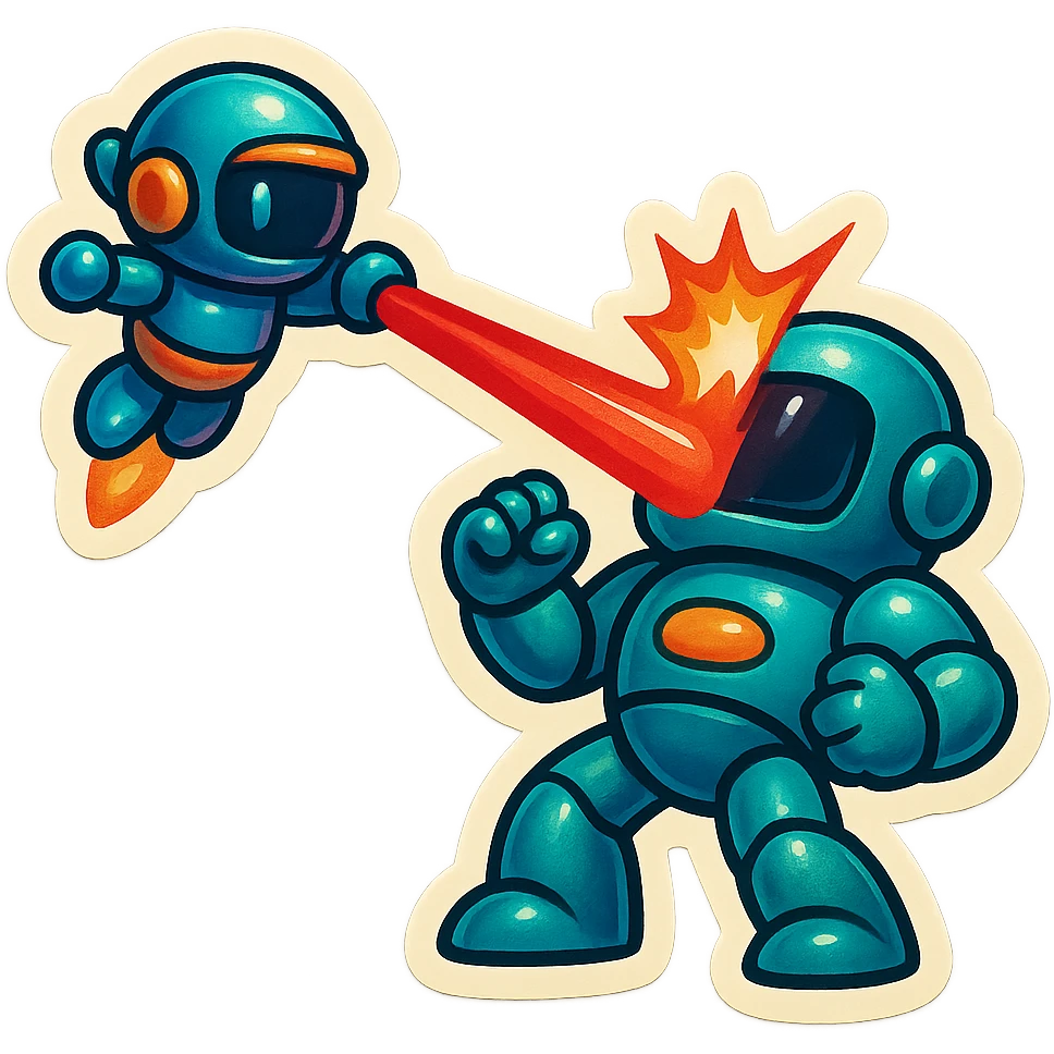 new character...robot being hit with a red beam by a flying robot emoji