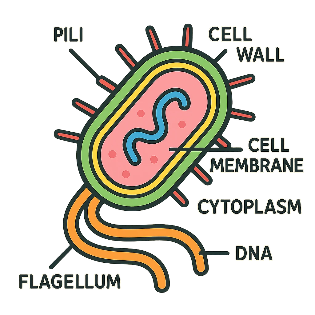 bacteria with cell organs cross-section, clear labels, educational diagram style emoji