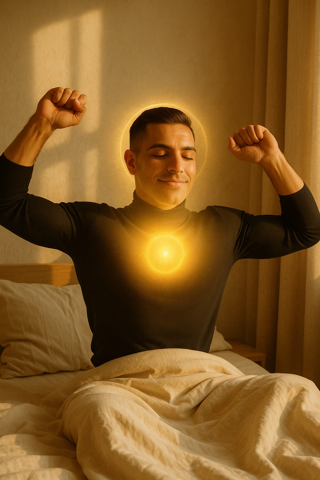 A cinematic photo of a man stretching in bed just after waking up, the morning sunlight flooding the room. His skin glows slightly, expression rested and serene. Muscles subtly defined, energy flowing through his posture. The air is filled with a golden calm. A symbolic glow surrounds his head and chest, representing mental clarity and physical recovery. The scene is clean, natural, minimalist. Rich in textures and realistic warmth. emoji