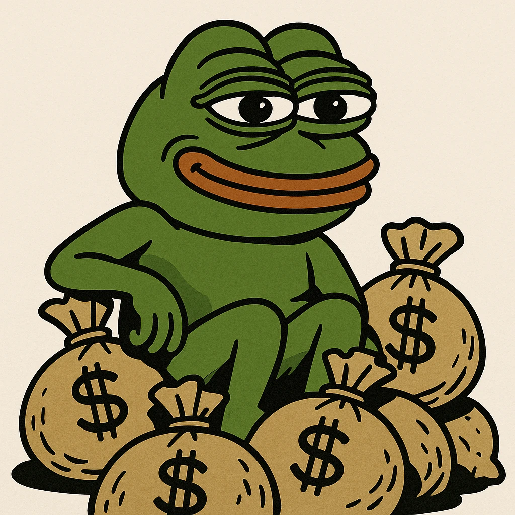 Pepe the Frog sitting on a pile of money bags, grinning emoji