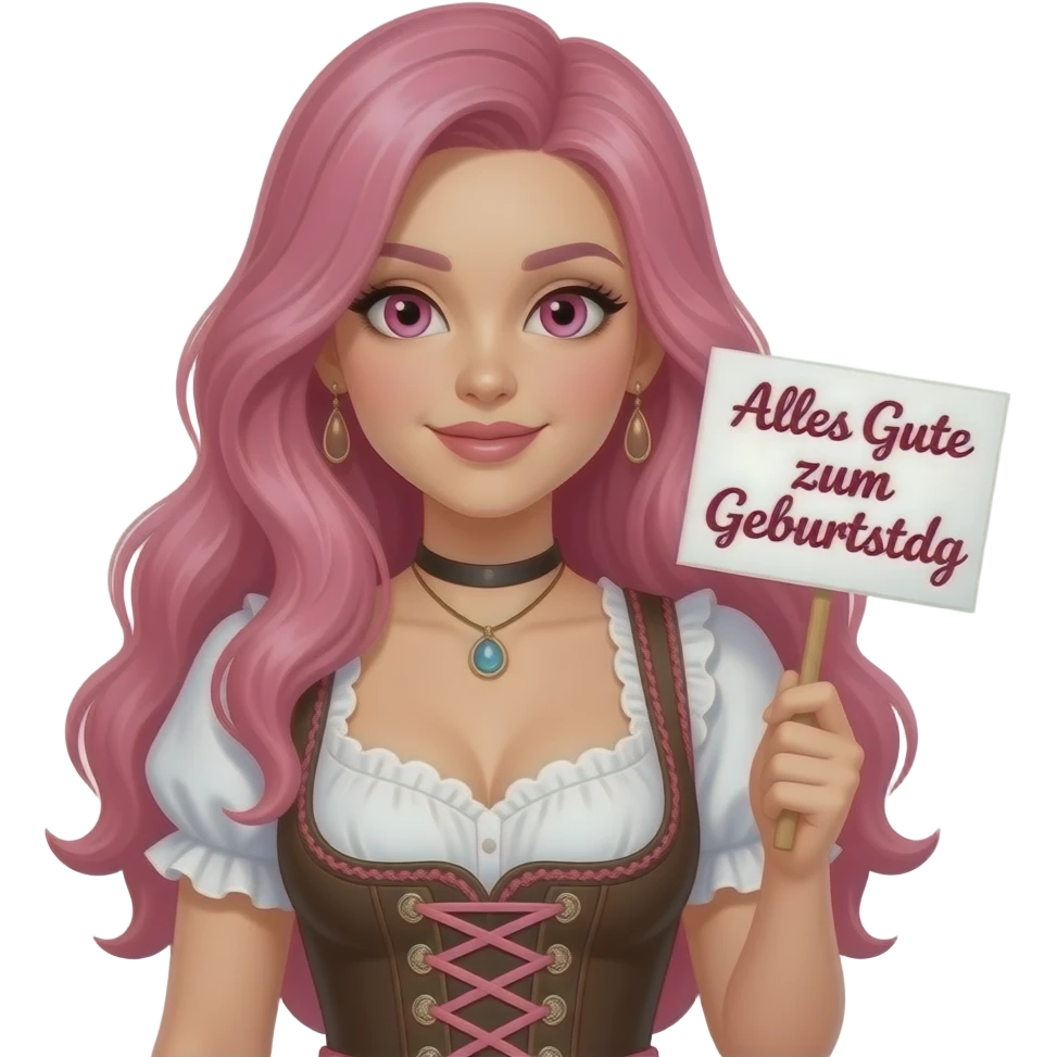sexy girl with long pink hair and pink eyes wearing a dirndl holding a ALLES GUTE ZUM GEBURTSTAG sign emoji