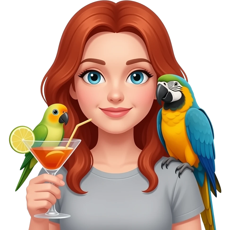 Make an emoji (girl with red hair and  parrots cocktail, sunconure and blue crown Amazon parrots ) emoji