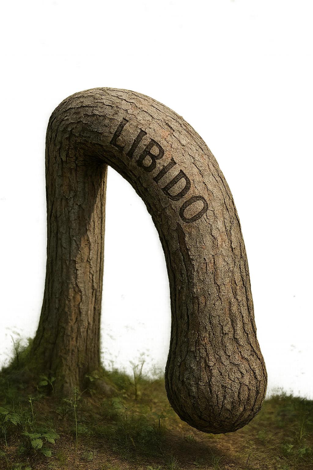 Realistic, vertical 4K illustration: a hyperrealistic tree trunk in a forest setting, noticeably bent, drooping, or wilted instead of standing upright. The bark is textured and detailed WITH THE WORD "LIBIDO" PRINTED ON IT, with subtle cracks and faded colors suggesting loss of vitality. Soft, natural light filters through the surrounding trees, casting gentle shadows. The scene is quiet and contemplative, with the trunk’s unusual, slumped posture symbolizing a decline in male libido. The background is lush and detailed, but the focus remains on the central, softened trunk, evoking a sense of vulnerability and introspection. emoji