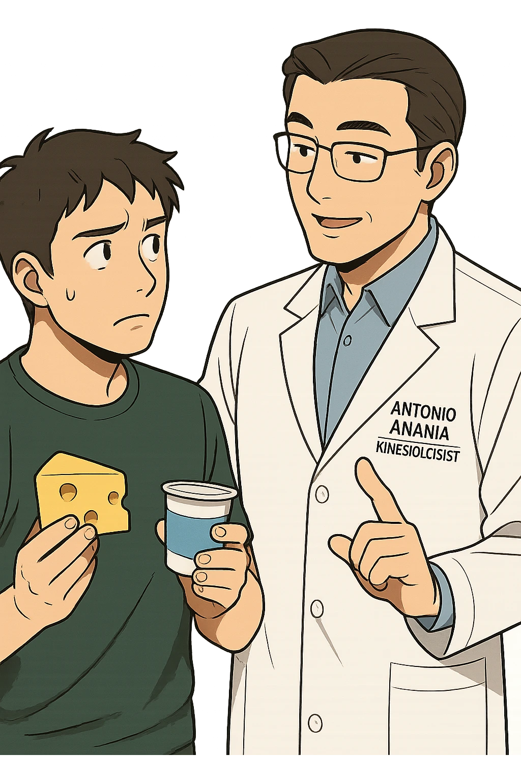 fai un webtoon manga a colori con questo stile, in cui un uomo fa una domanda al kinesiologo con il camice bianco (fagli anche la scritta "ANTONIO ANANIA" SUL CAMICE, l'uomo chiede una cosa mostrando un formaggio e uno yogurt al kinesiologo con il camice, IL KINESIOLOGO annuisce e SPIEGA ALL'UOMO UNA cos. L'UOMO ha un ESPRESSIONE CONFUSA IN VOLTO. non fare i fumetti però, fai solo in modo che sembri stiano parlando emoji